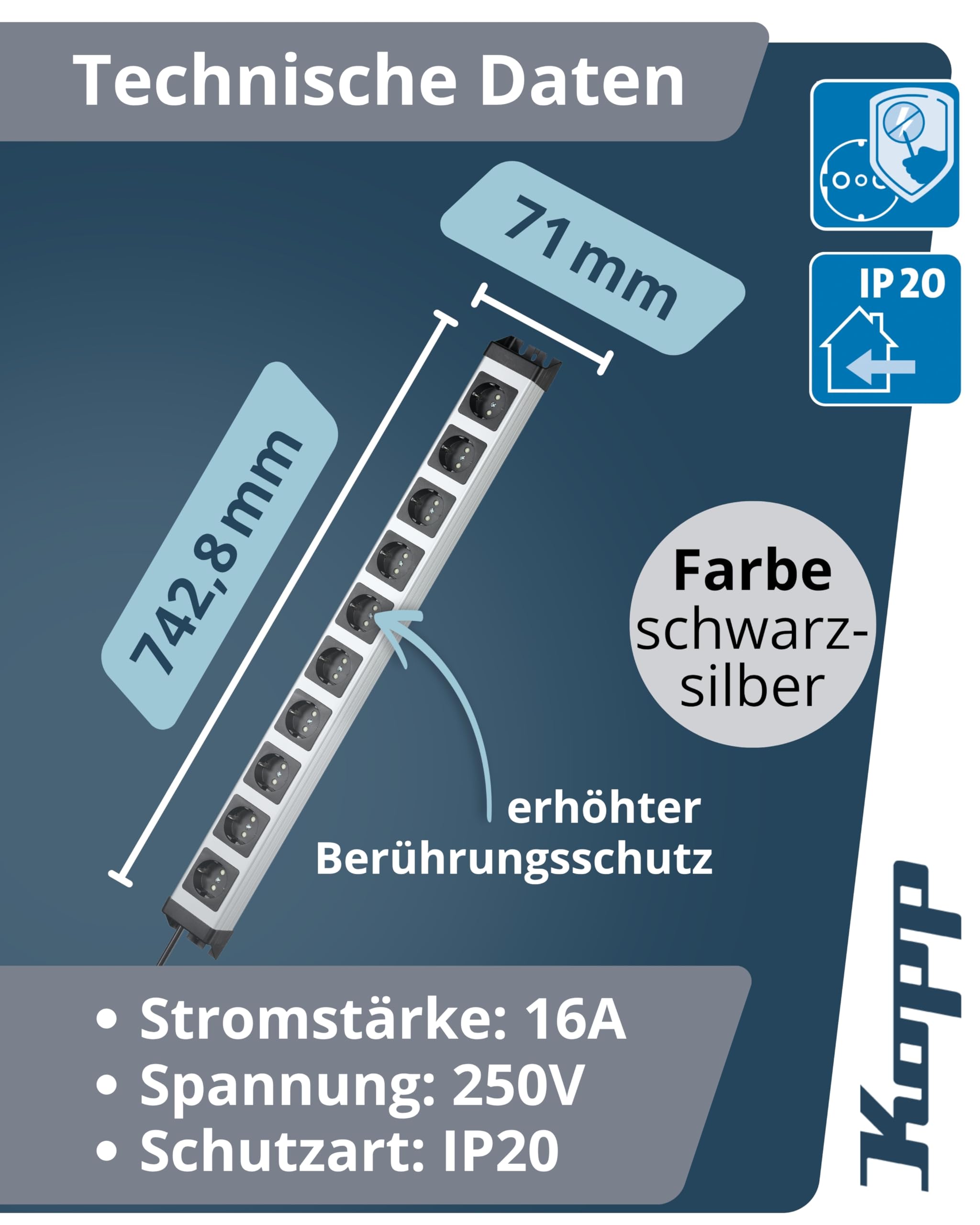 kopp-powerversal-steckdosenleiste-10-fach-1-4m-16a-silber-schwarz image 2