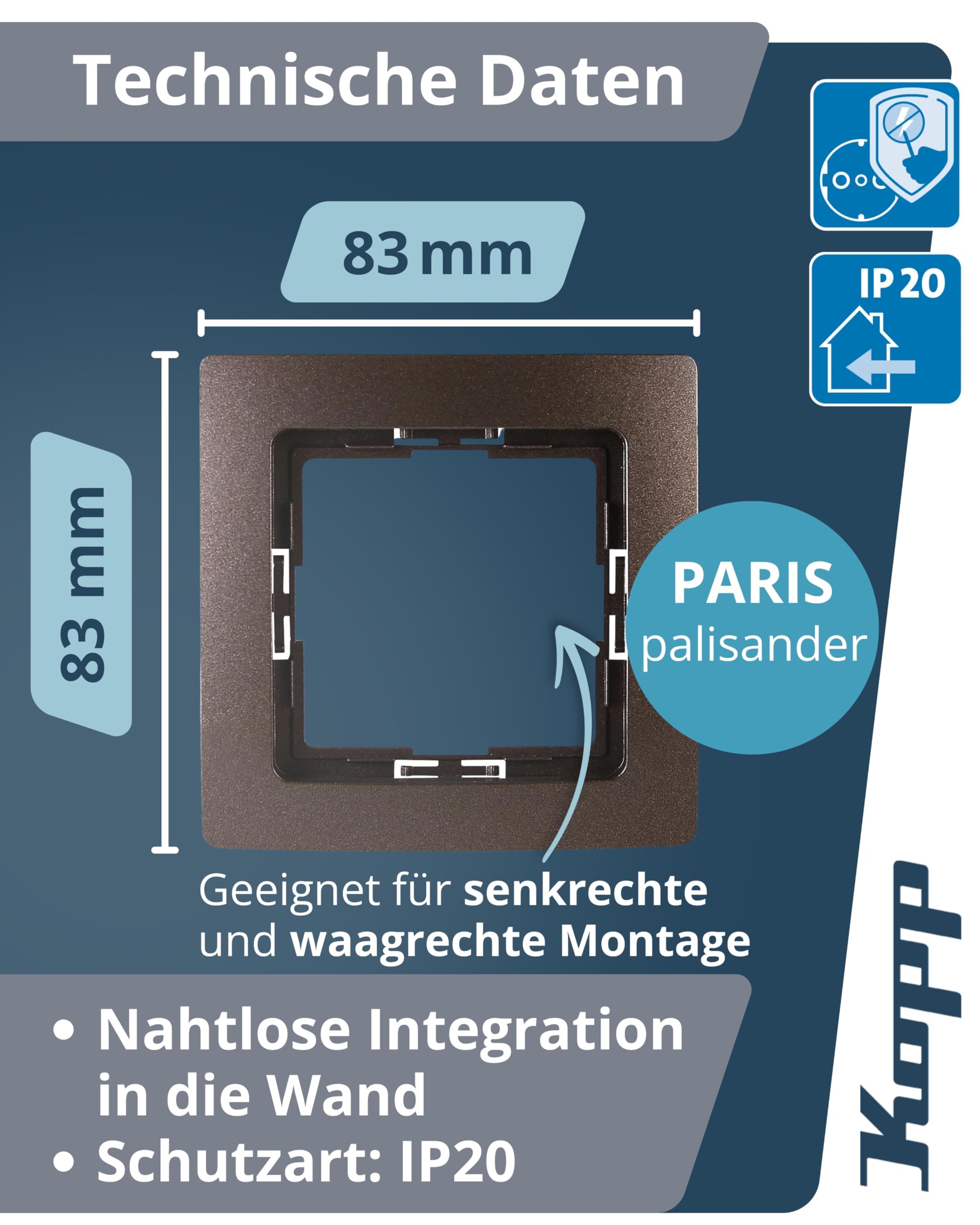 kopp-paris-abdeckrahmen-1-fach-83x83mm-palisander-braun image 2