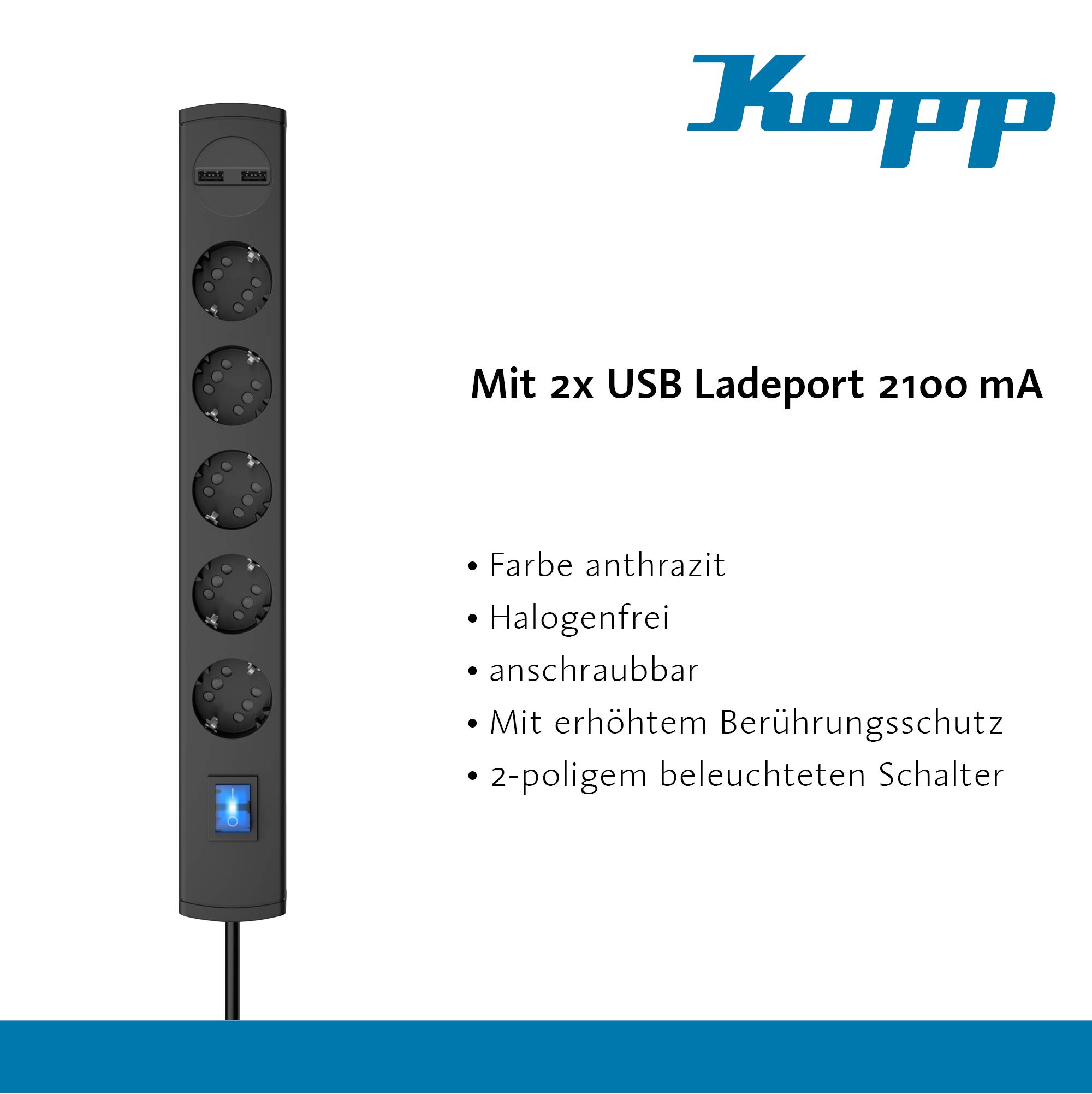 kopp-duoversal-plus-5-10-fach-steckdosenleiste-1-4m-usb-anthrazit image 3