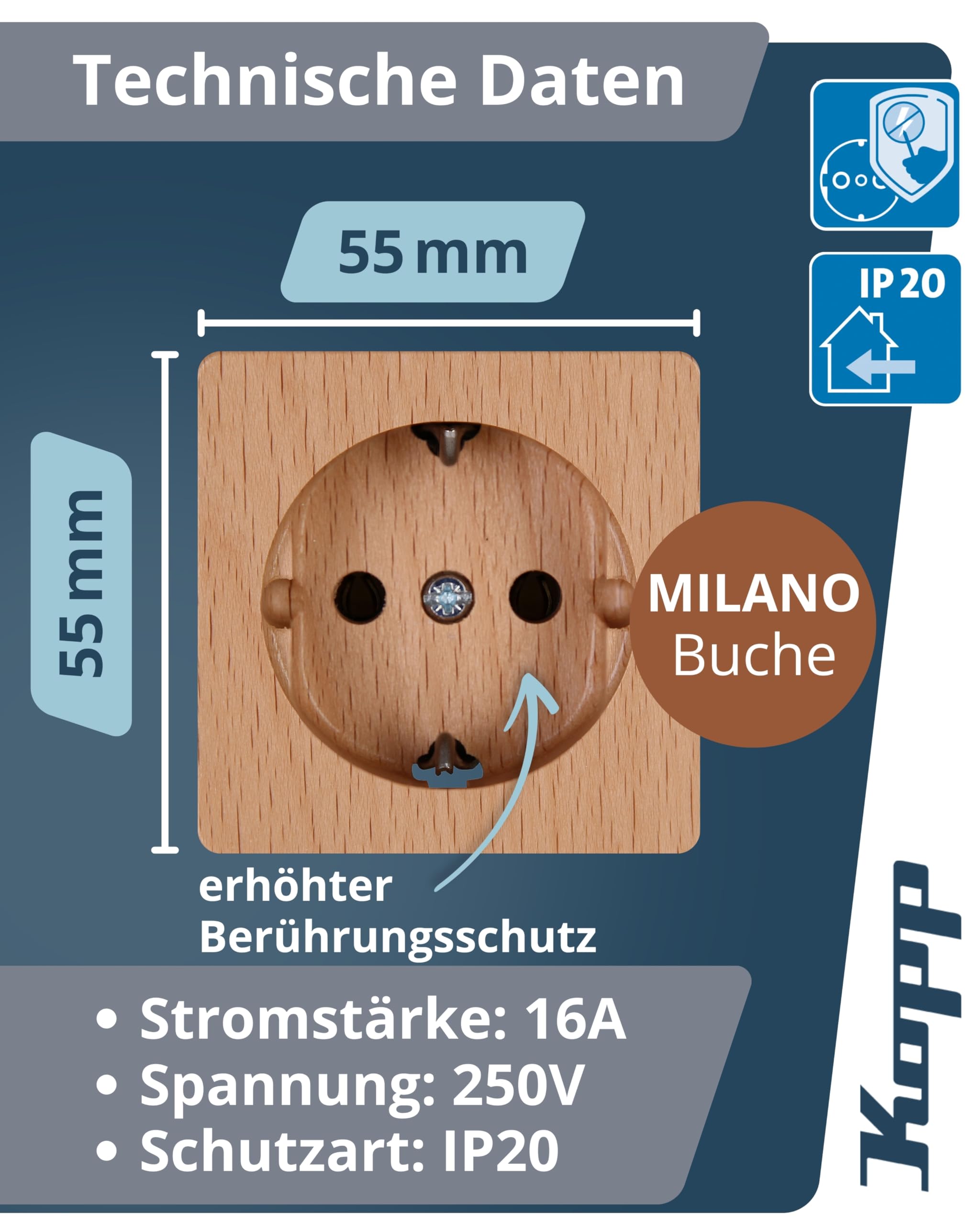 kopp-milano-schutzkontakt-steckdose-unterputz-1-fach-buchen-echtholz-16a image 2