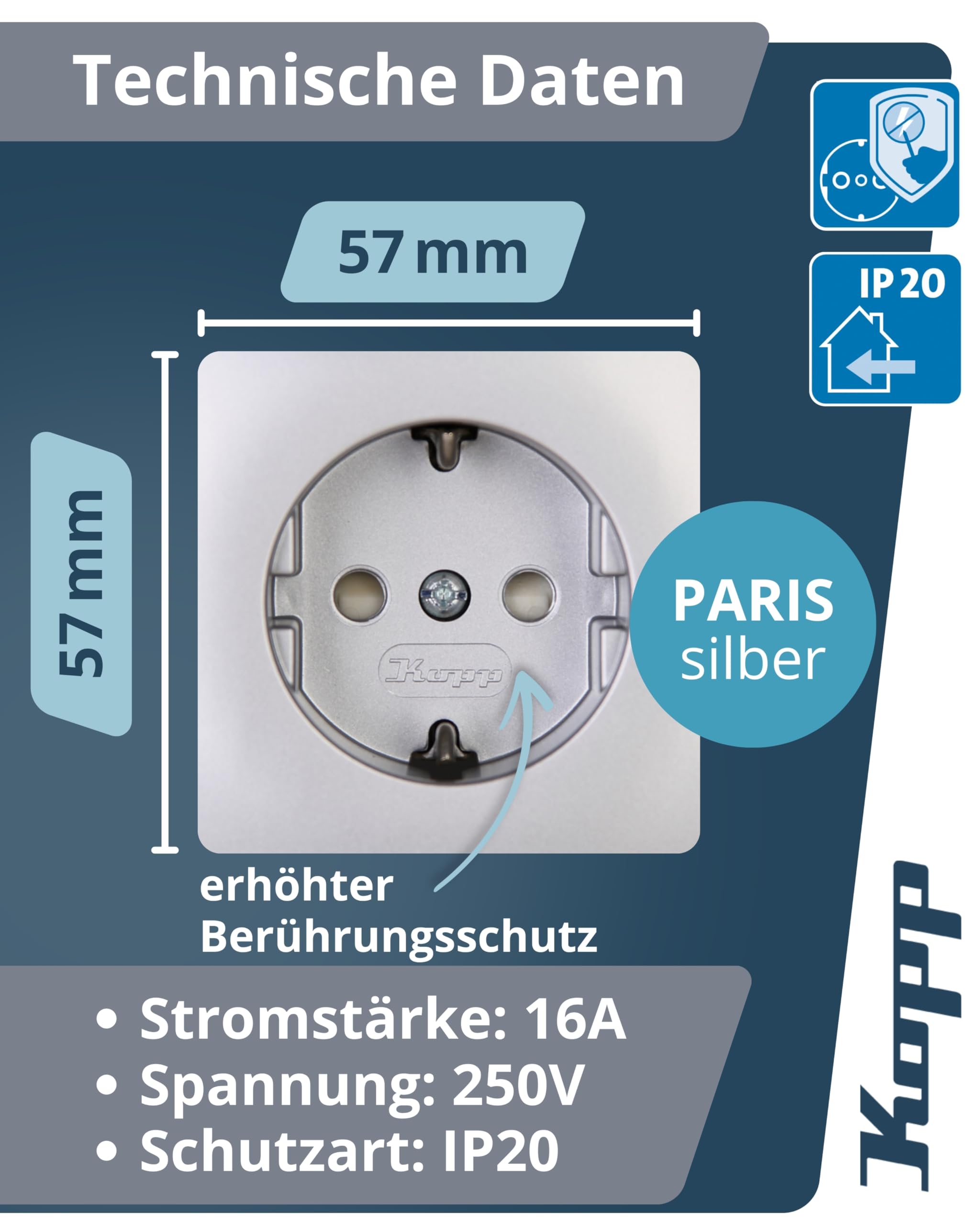 kopp-paris-schutzkontaktsteckdose-1-fach-silber-unterputz image 2
