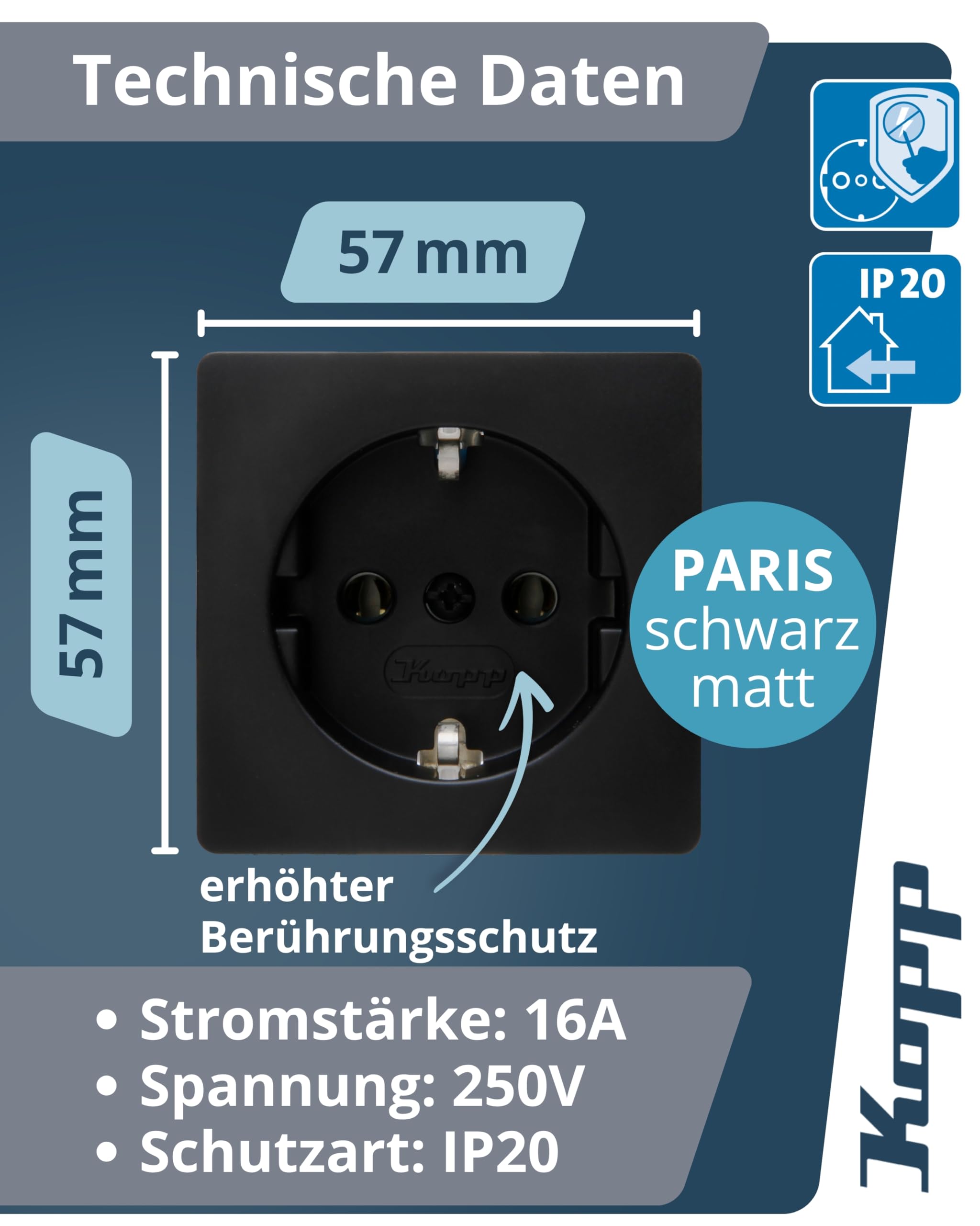 kopp-paris-schutzkontakt-steckdose-1-fach-16a-250v-ip20-schwarz-matt image 2